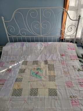 Handmade White/Pink Patchwork Quilt with Pastel Accents and Hearts | 77.5"x76"